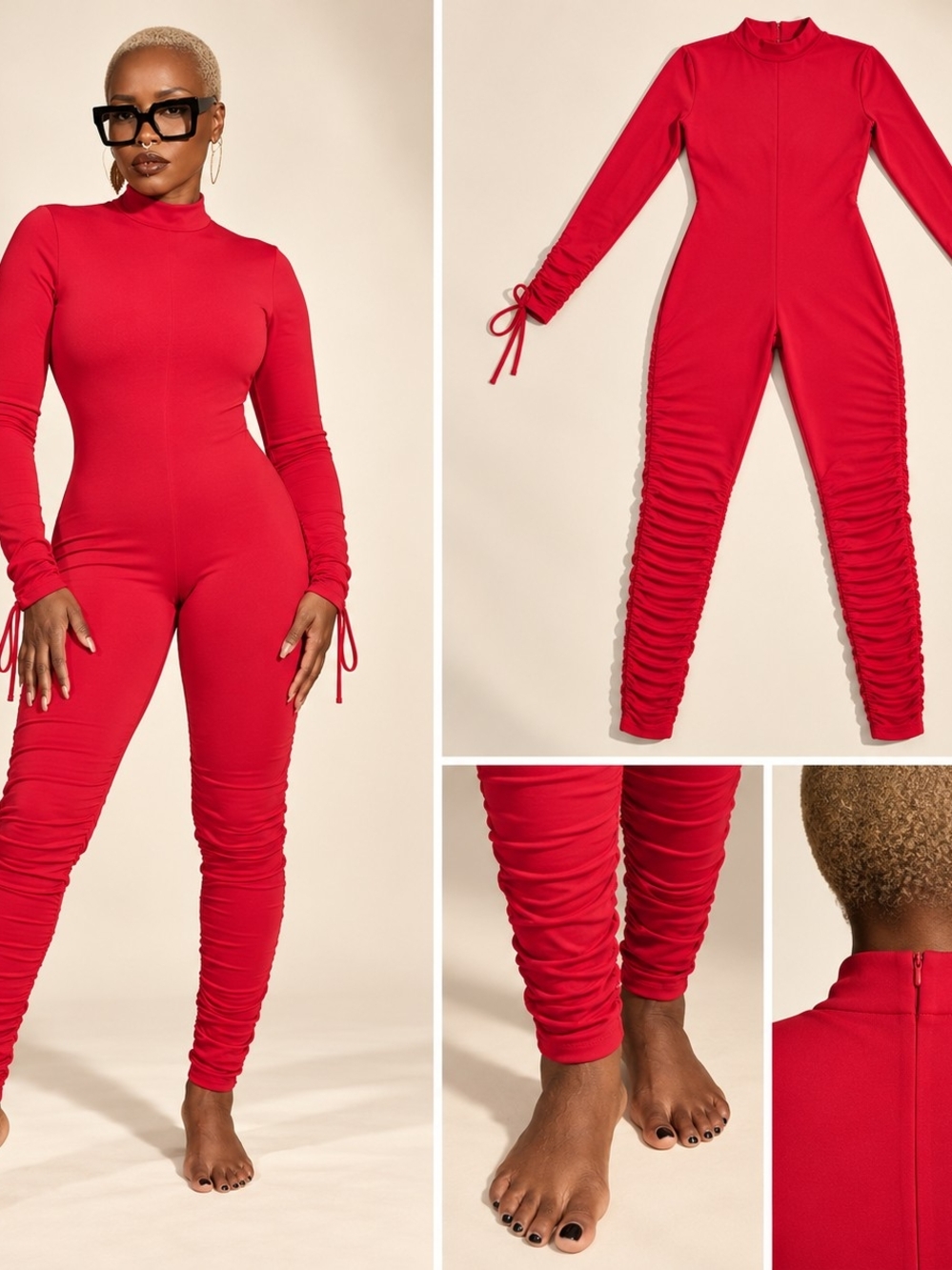 Sleek Red Ruched Long-Sleeve Jumpsuit